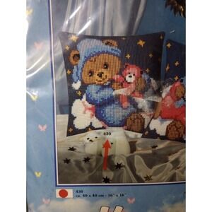 Vintage Vervaco Teddy Bear Needlepoint Cushion Kit #430 Blue Sleepy Bear 16"x16"